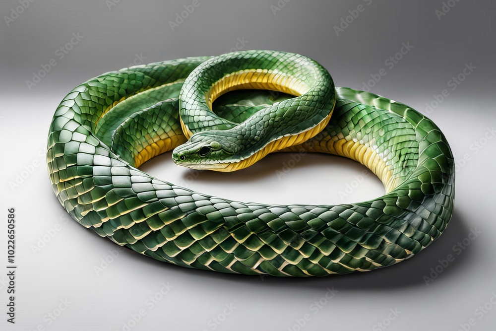 Fototapeta premium Drawing of a green snake on a white background. The symbol of the new year 2025.