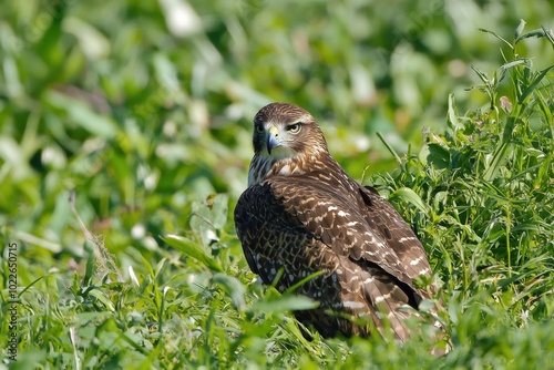 A majestic hawk resting gracefully in lush green grass under bright daylight photo