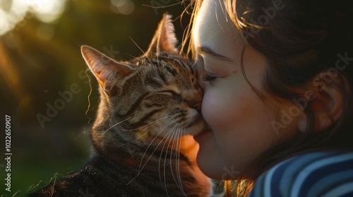 Visualize a loving cat giving a gentle headbutt to its owner's cheek, showing affection with a serene and happy demeanor. photo