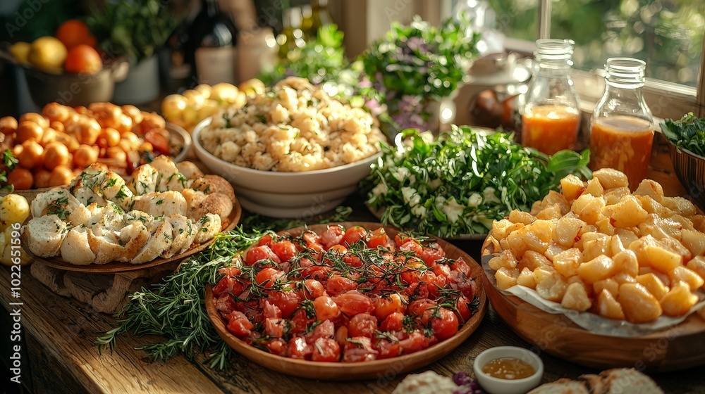A vibrant spread of fresh ingredients and dishes, perfect for a gathering or meal prep. A vibrant spread of fresh ingredients and dishes, perfect for a gathering or meal prep.