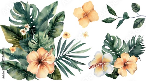 Vibrant Hibiscus Flower with Green Leaves Illustration - Illustrated image of a vibrant hibiscus flower with green leaves. Ideal for tropical themes, nature-inspired designs, and botanical projects.