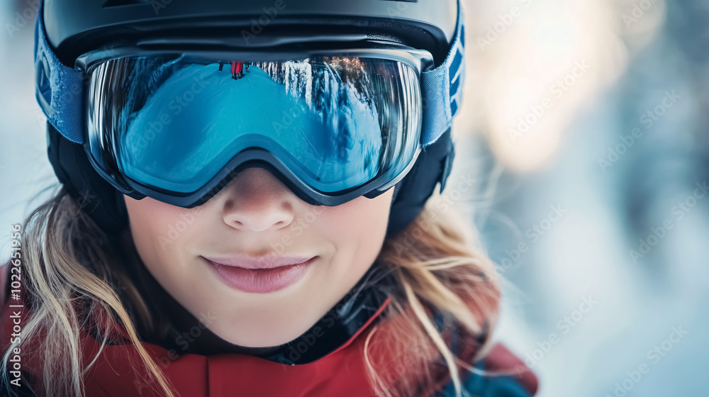 Young beautiful woman with a helmet and ski goggles. Ski equipment. Young beautiful woman with a helmet and ski goggles. Ski equipment.