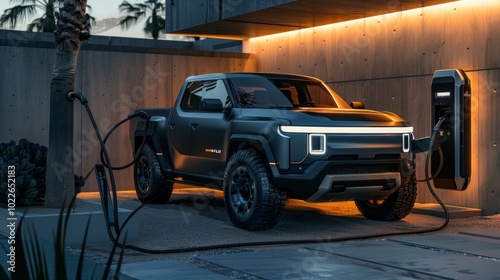 Visualize a modern electric pickup truck charging at a sleek urban charging station. 