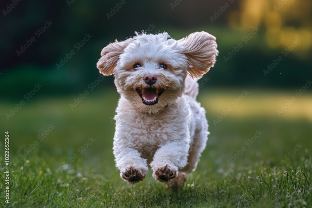 White dog is running through a grassy field. The dog is happy and excited, with its tongue hanging out and its ears perked up. scene is lively and energetic, with the dog enjoying its time outdoors White dog is running through a grassy field. The dog is happy and excited, with its tongue hanging out and its ears perked up. scene is lively and energetic, with the dog enjoying its time outdoors