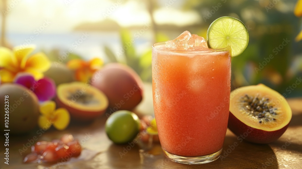 Refreshing Tropical Drink with Fresh Fruits and Ice Refreshing Tropical Drink with Fresh Fruits and Ice