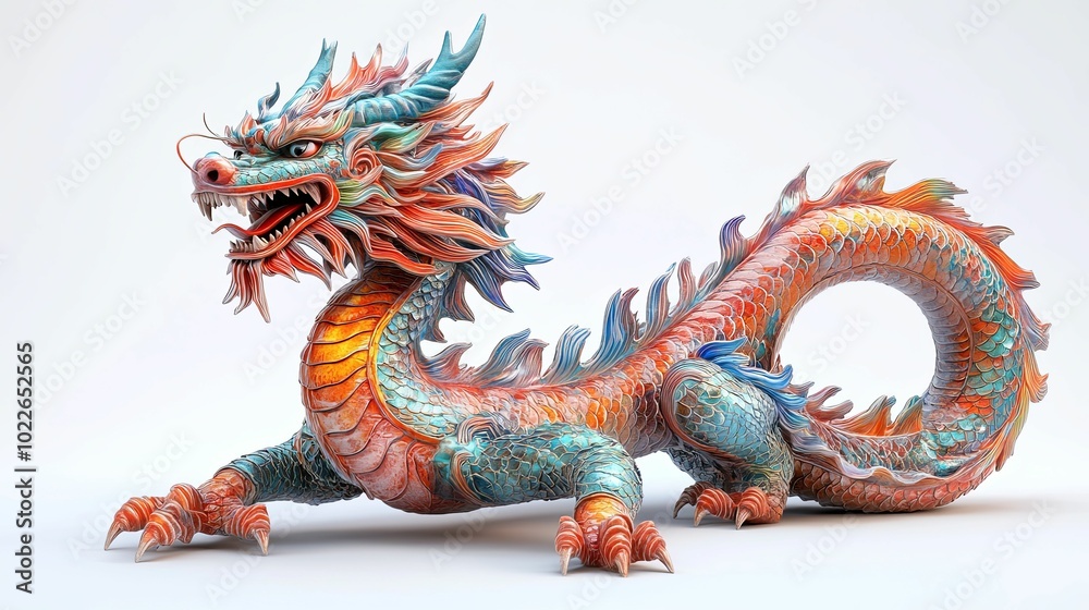 Obraz premium Colorful Chinese Dragon Statue with Open Mouth and Curved Tail