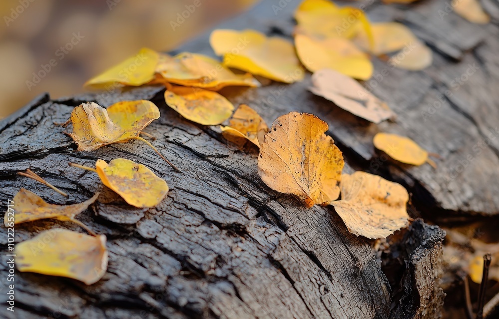 Golden autumn leaves scattered on a weathered log in a tranquil forest setting Golden autumn leaves scattered on a weathered log in a tranquil forest setting