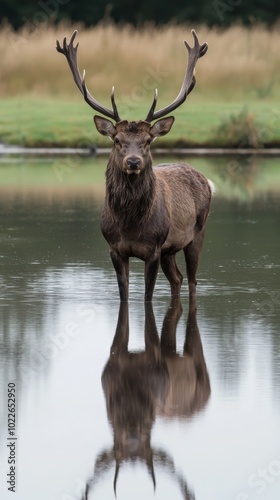 Majestic stag stands proudly in tranquil waters during a serene morning in nature