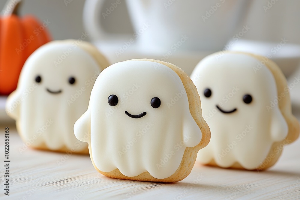 Three white ghost cookies with black eyes and smiling faces. They are sitting on a wooden table. The cookies are decorated with frosting and are ready to be eaten Three white ghost cookies with black eyes and smiling faces. They are sitting on a wooden table. The cookies are decorated with frosting and are ready to be eaten