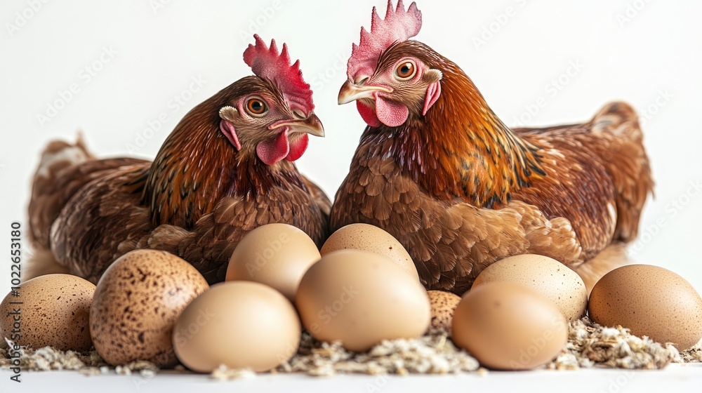 Fototapeta premium Two brown hens sitting beside a nest of brown eggs on a white background.