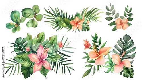 Vibrant Hibiscus Flower with Green Leaves Illustration - Illustrated image of a vibrant hibiscus flower with green leaves. Ideal for tropical themes, nature-inspired designs, and botanical projects.