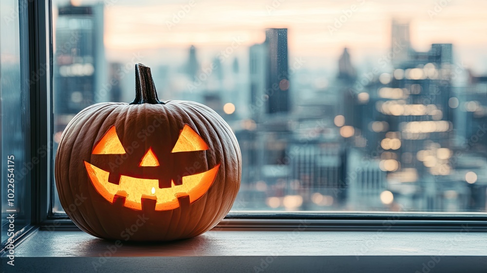 Halloween Pumpkin with City Skyline in Background Halloween Pumpkin with City Skyline in Background