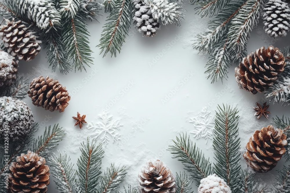 White background with pine trees and pine cones. The pine cones are scattered around the background and some are in the foreground. The pine trees are covered in snow, wintery and cozy feel White background with pine trees and pine cones. The pine cones are scattered around the background and some are in the foreground. The pine trees are covered in snow, wintery and cozy feel