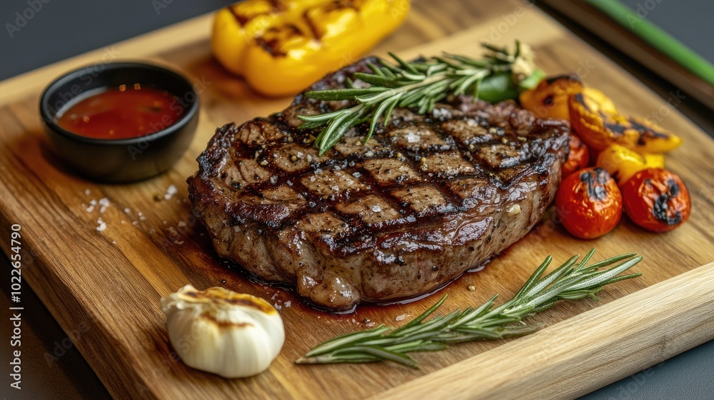 Grilled Steak with Vegetables and Herbs on Platter