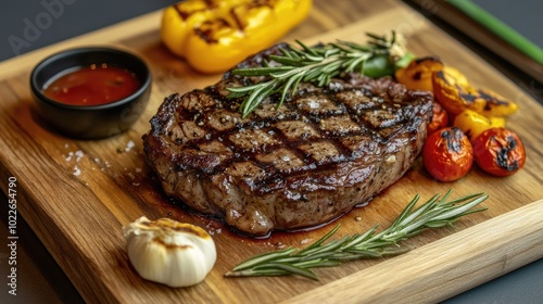 Grilled Steak with Vegetables and Herbs on Platter