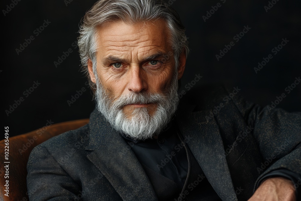 Man with a beard and gray hair is sitting in a chair. He is wearing a black suit and a black shirt