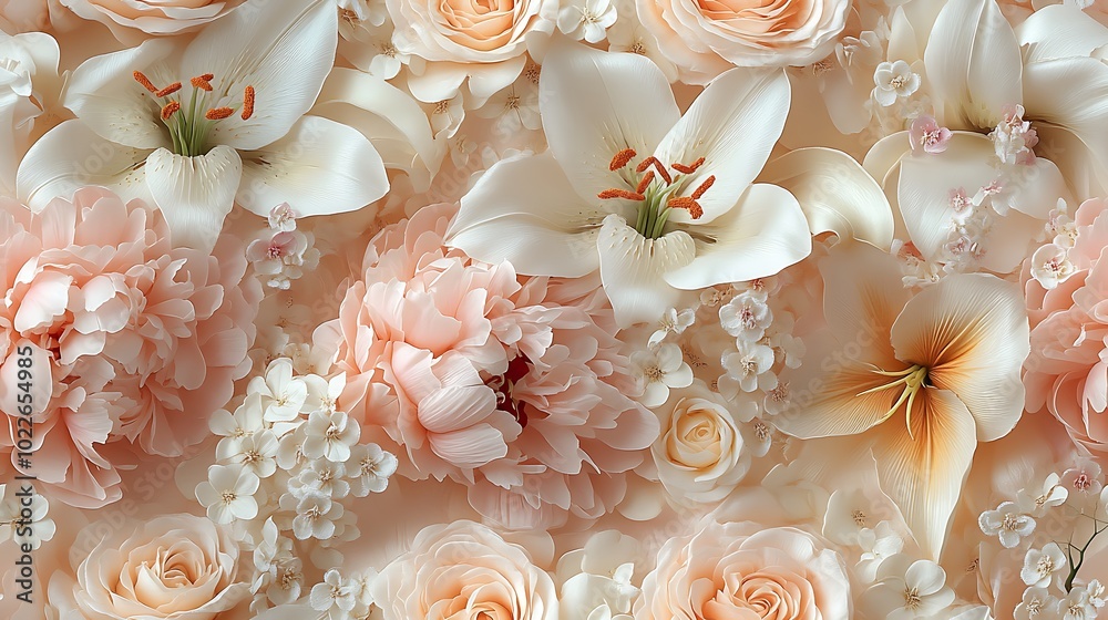 Pastel peonies and lilies in soft blush pinks and creamy whites, seamlessly woven together, soft lighting highlights on petals, hd quality, delicate floral details, Pastel peonies and lilies in soft blush pinks and creamy whites, seamlessly woven together, soft lighting highlights on petals, hd quality, delicate floral details,