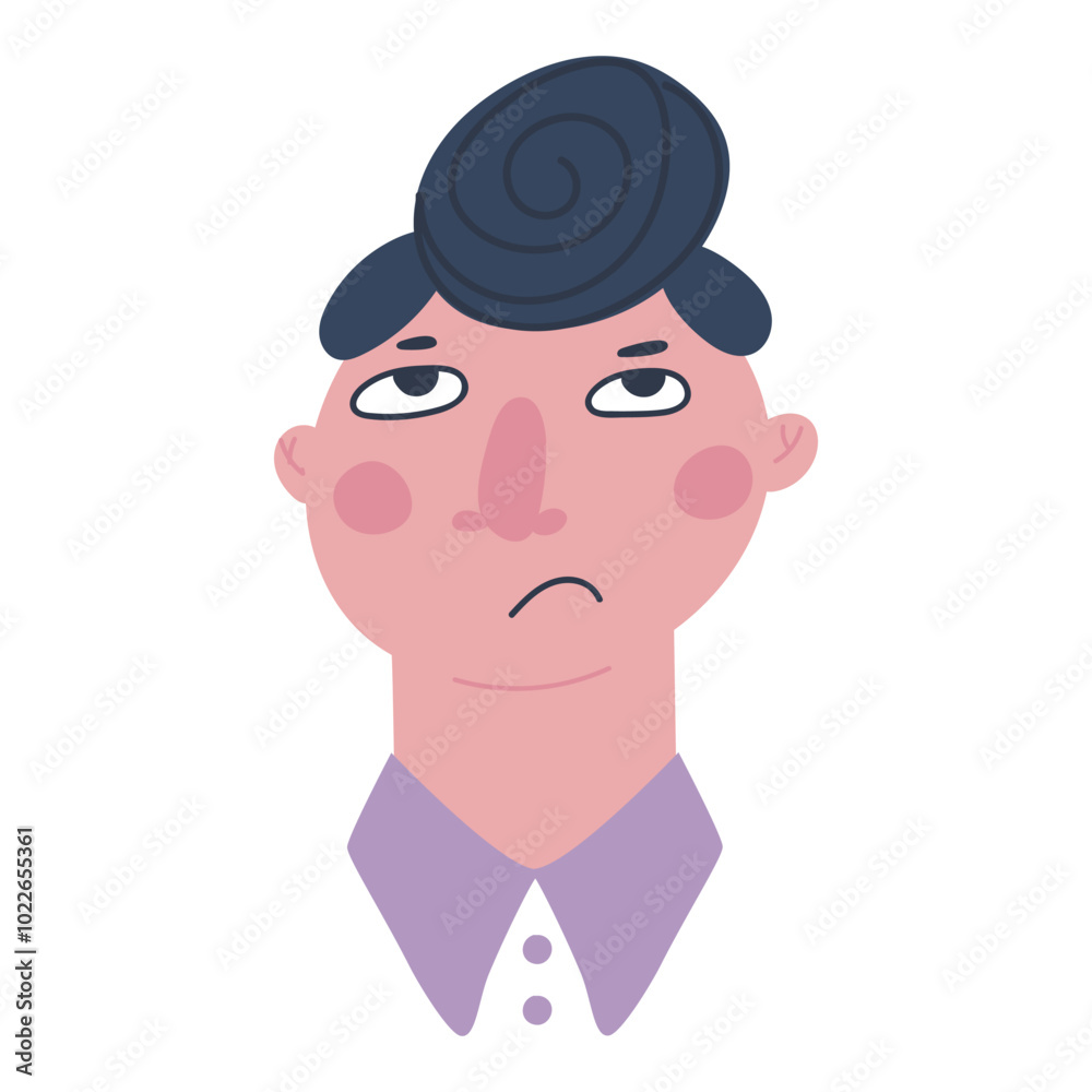 Head of a man with a dissatisfied face. Man demonstrates emotion. Flat vector illustration eps10