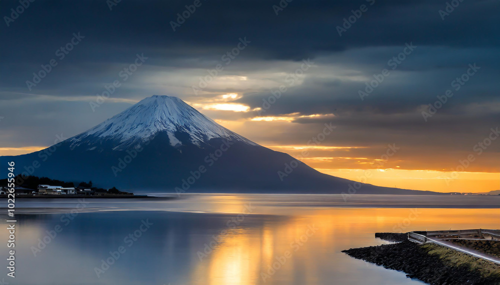 Majestic view of Mount Fuji at sunset reflecting on calm waters near Fujikawaguchiko, Japan, showcasing nature's beauty in serene landscapes Majestic view of Mount Fuji at sunset reflecting on calm waters near Fujikawaguchiko, Japan, showcasing nature's beauty in serene landscapes