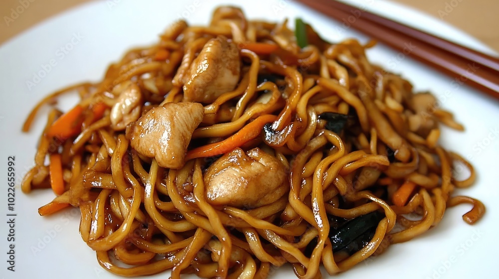 Delicious Chicken Noodles on a White Plate Delicious Chicken Noodles on a White Plate
