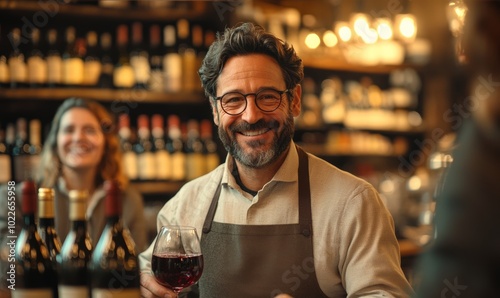 Man wearing an apron and glasses is smiling while holding a glass of wine. He is surrounded by several bottles of wine, and there are other people in background. atmosphere relaxed and social