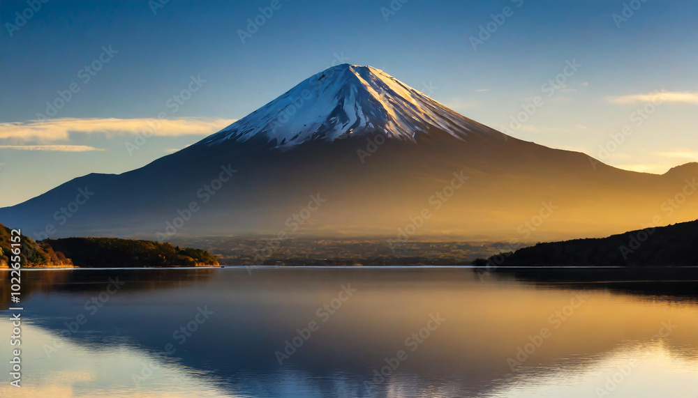 Majestic snow-capped mountain rises above tranquil lake at dawn creating a stunning reflection in Japan’s serene landscape Majestic snow-capped mountain rises above tranquil lake at dawn creating a stunning reflection in Japan’s serene landscape