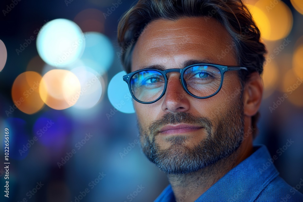 Man with glasses is smiling and looking at the camera. The image has a warm and friendly mood Man with glasses is smiling and looking at the camera. The image has a warm and friendly mood