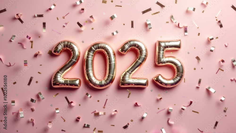 Celebratory 2025 Year with Confetti on Pastel Background Celebratory 2025 Year with Confetti on Pastel Background