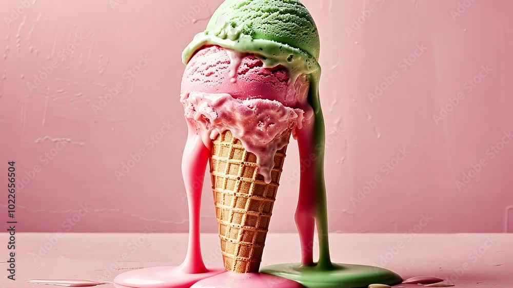 Melted strawberry and mint ice cream cone on pink background.
