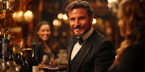 Man in a tuxedo is smiling and holding a glass of wine. The scene takes place in a bar with several bottles of wine on the counter. Scene is lighthearted and relaxed