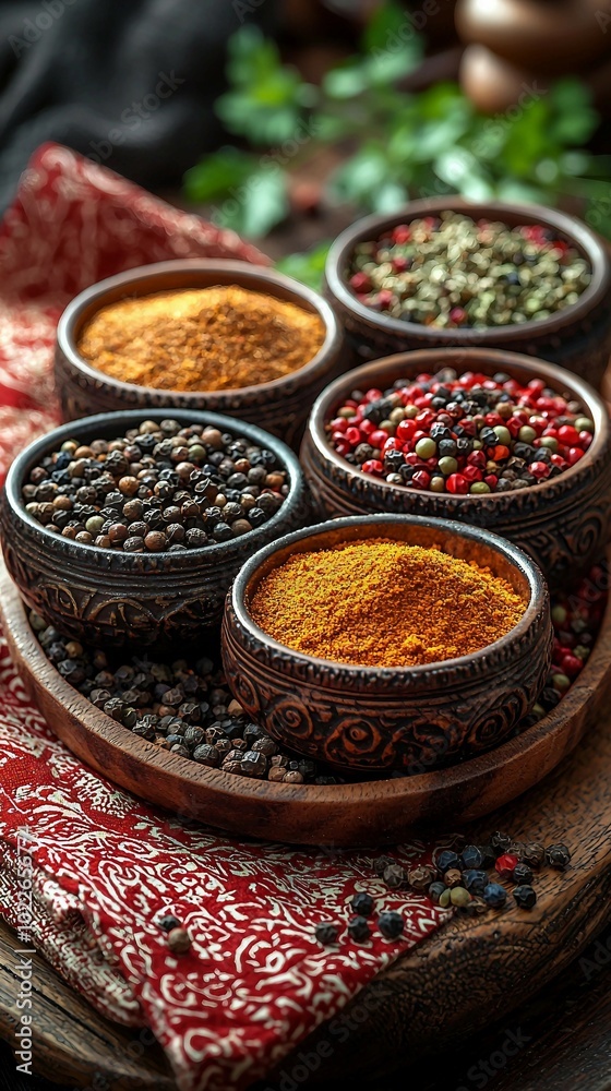 Assorted Spices in Bowls on Rustic Wooden Tray Assorted Spices in Bowls on Rustic Wooden Tray