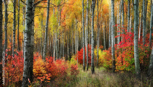 Vibrant autumn forest landscape with colorful foliage in various shades of red, orange, and yellow during daytime