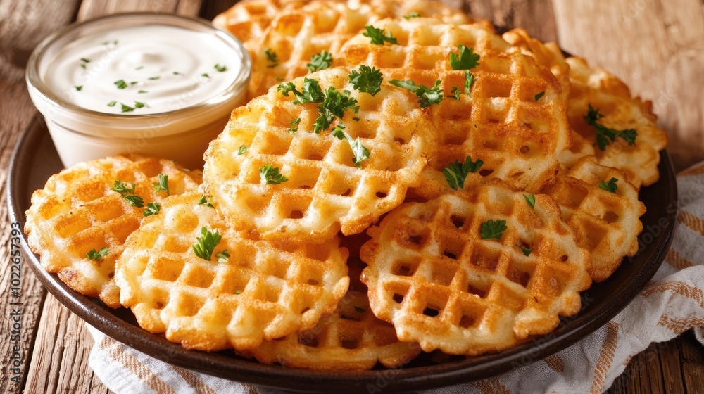 Crispy Waffles with Dipping Sauce on Wooden Table