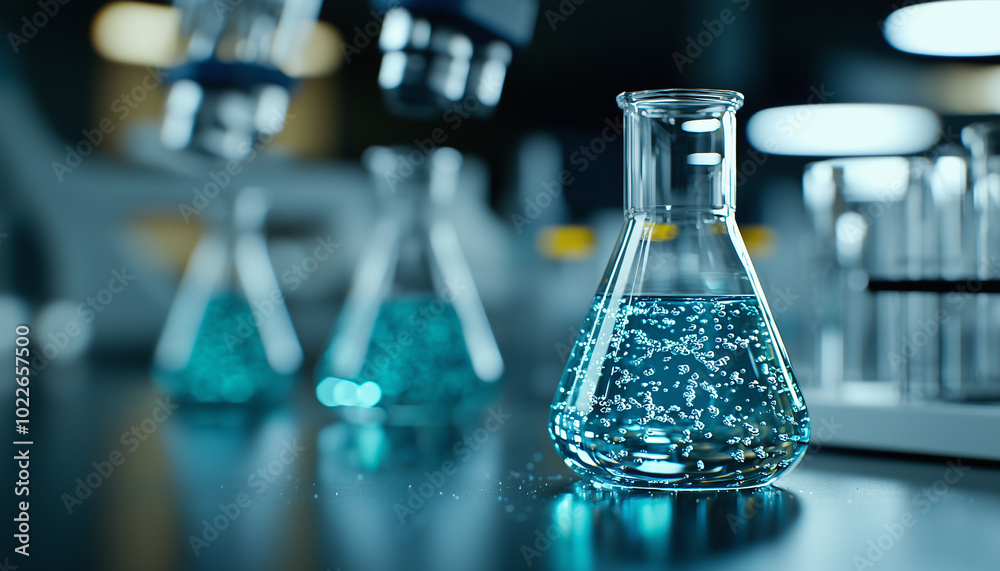 Close up of laboratory glassware with bioengineered organisms, showcasing beaker filled with blue liquid and bubbles. scene conveys sense of scientific exploration and innovation Close up of laboratory glassware with bioengineered organisms, showcasing beaker filled with blue liquid and bubbles. scene conveys sense of scientific exploration and innovation