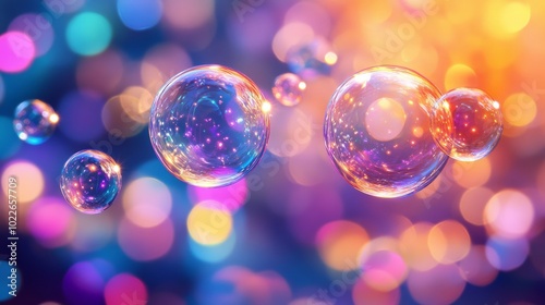 Abstract wallpaper background with flying colorful bubbles on copy space background 