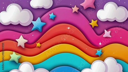 Colorful Paper Art with Stars, Clouds, and Rainbow Waves