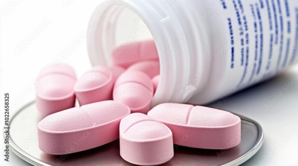 Pink Pills Spilling from Bottle on a Tray Pink Pills Spilling from Bottle on a Tray