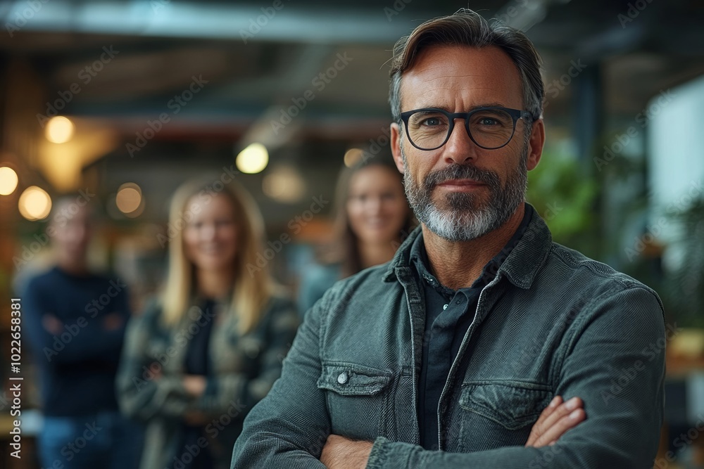 Man with glasses stands in front of a group of people. He is wearing a gray jacket and has his arms crossed. The group of people are standing behind him, with some of them looking at him Man with glasses stands in front of a group of people. He is wearing a gray jacket and has his arms crossed. The group of people are standing behind him, with some of them looking at him
