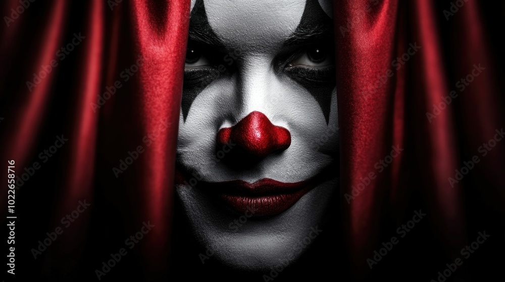 Clown with Black Gloves Emerging from Red Curtains Clown with Black Gloves Emerging from Red Curtains