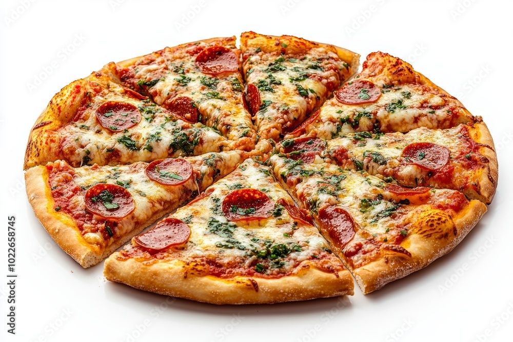 A freshly baked pepperoni pizza, sliced into eight slices, isolated on a white background. A freshly baked pepperoni pizza, sliced into eight slices, isolated on a white background.