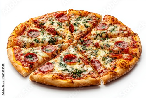 A freshly baked pepperoni pizza, sliced into eight slices, isolated on a white background.