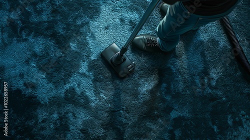 Person vacuuming a blue carpet with a black vacuum cleaner. photo