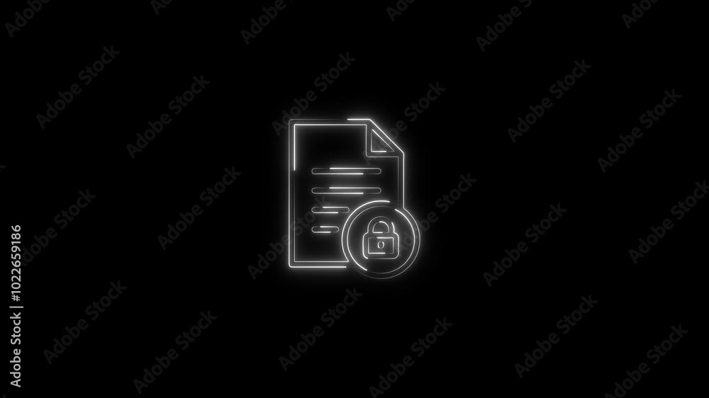 Neon protected document icon glowing animation black background Neon protected document icon glowing animation black background