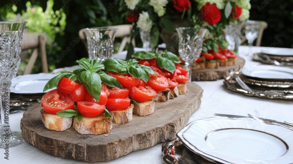 Fresh Tomato Bruschetta on Wooden Platter Fresh Tomato Bruschetta on Wooden Platter