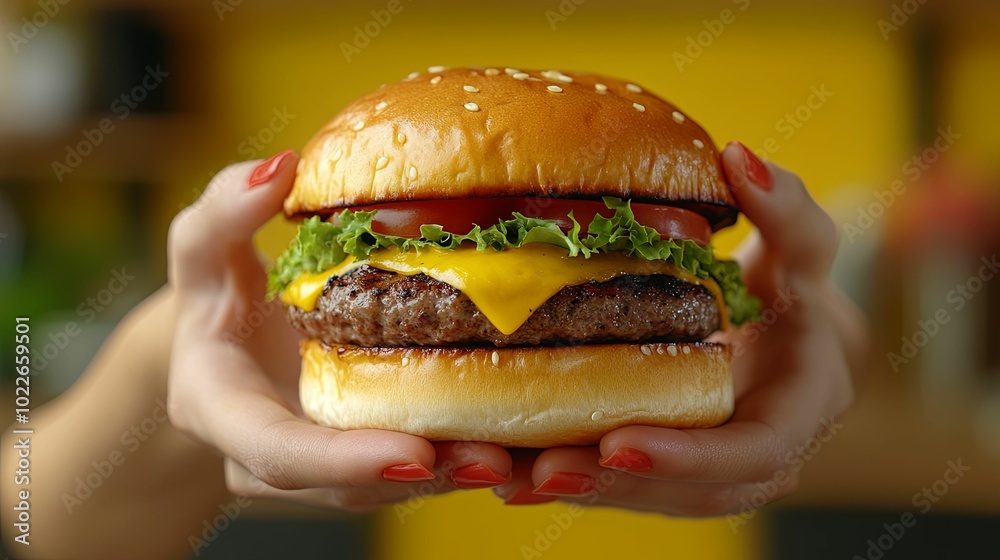Close-up of a Juicy Cheeseburger Held in Hand Close-up of a Juicy Cheeseburger Held in Hand