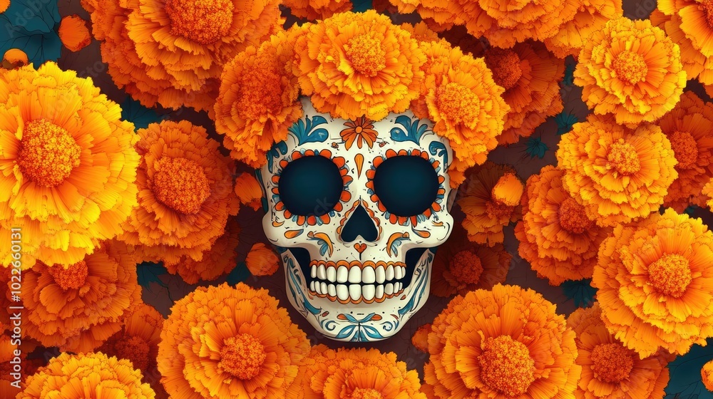 Vibrant skull surrounded by bright marigold flowers, symbolizing life and death in cultural traditions. Vibrant skull surrounded by bright marigold flowers, symbolizing life and death in cultural traditions.