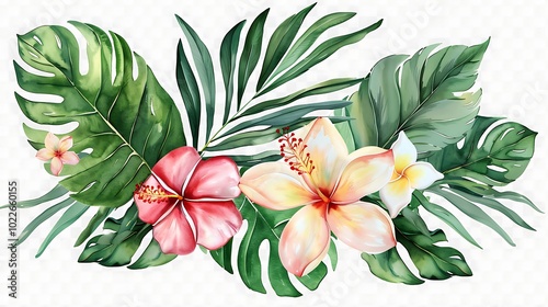 Vibrant Hibiscus Flower with Green Leaves Illustration - Illustrated image of a vibrant hibiscus flower with green leaves. Ideal for tropical themes, nature-inspired designs, and botanical projects.