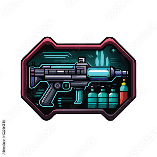 A sleek laser gun with a futuristic design, set in a hexagonal display panel.