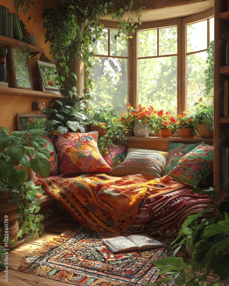 Fototapeta premium Cozy indoor nook adorned with lush greenery and colorful textiles, creating a serene reading space.