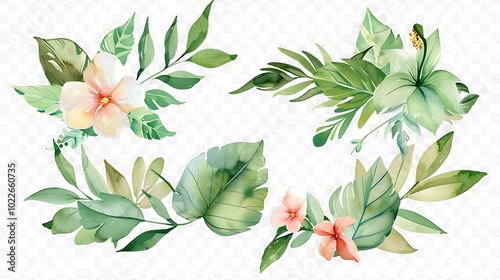 Vibrant Hibiscus Flower with Green Leaves Illustration - Illustrated image of a vibrant hibiscus flower with green leaves. Ideal for tropical themes, nature-inspired designs, and botanical projects.